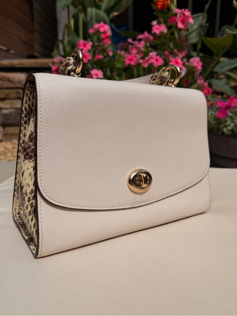 Coach Cream Leather  and snakeskin Shoulder Bag with Gold Hardware
